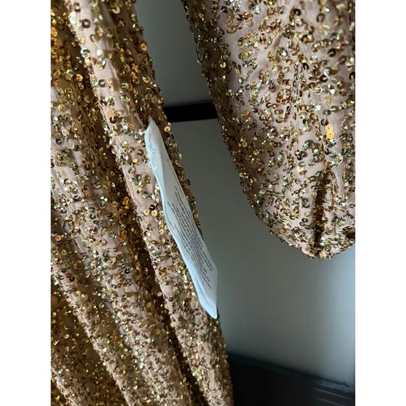 NWT Mac Duggal Brown Sequined Puff Sleeve V Neck Gown Size 14 - Picture 7 of 11